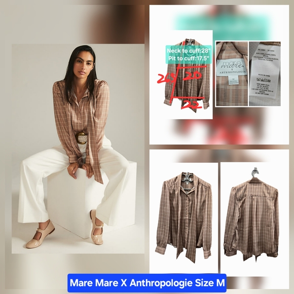 Anthropologie Tops - Mare Mare X Anthropologie Plaid Tie Collar Blouse Size M